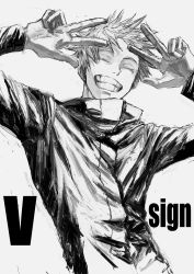 Rule 34 | 1boy, ^ ^, absurdres, arms up, closed eyes, double v, english text, facing viewer, gojou satoru, grin, high collar, highres, jacket, jujutsu kaisen, kuwoniagyu11112, male focus, short hair, simple background, smile, solo, teeth, upper body, v