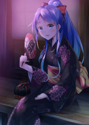 Rule 34 | 10s, 1girl, :d, alternate costume, bag, black kimono, blue eyes, blue hair, blush, bow, eyebrows, fingernails, flat chest, floral print, gedou (shigure seishin), hair bow, hand fan, hand on own thigh, holding, holding fan, japanese clothes, kantai collection, kimono, long fingernails, long hair, long sleeves, matching hair/eyes, nail polish, night, obi, open mouth, orb, outdoors, paper fan, pinky out, print kimono, red bow, samidare (kancolle), sash, shade, sidelocks, sitting, sliding doors, smile, solo, string, summer, sweat, swept bangs, uchiwa, veranda, very long hair, white nails, wide sleeves, wooden floor
