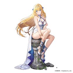 Rule 34 | 1girl, armlet, ash arms, blonde hair, blue eyes, bracelet, breasts, choker, cleavage, closed mouth, dress, earrings, full body, glint, hair ornament, high heels, highres, jewelry, ju 87 (ash arms), large breasts, lino chang, long dress, long hair, looking at viewer, official alternate costume, official art, prosthesis, prosthetic leg, side slit, sidelocks, sitting, smile, solo, very long hair, white background, white dress