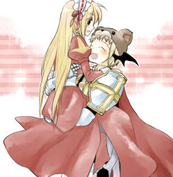 Rule 34 | 1boy, 1girl, :d, ark kan, armor, bear hat, black footwear, black wings, blonde hair, blush, breastplate, cape, carrying, carrying person, commentary request, cross, dress, eyes visible through hair, feet out of frame, frilled hairband, frills, gauntlets, hair between eyes, hairband, head wings, high priest (ragnarok online), juliet sleeves, leg armor, long hair, long sleeves, looking at another, lord knight (ragnarok online), open mouth, pauldrons, pink hairband, puffy sleeves, ragnarok online, red cape, red dress, sash, short hair, shoulder armor, smile, two-tone dress, white dress, white legwear, white sash, wings