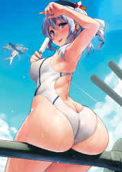 Rule 34 | 10s, 2girls, :p, aircraft, airplane, akitsushima (kancolle), arched back, arm up, armpits, ass, ass support, bare arms, bare shoulders, beret, black hat, blue eyes, blue sky, bow, breasts, cannon, chibi, chibi inset, cloud, competition swimsuit, cowboy shot, day, detexted, eyebrows, food, from behind, hat, hat bow, highres, holding, holding food, huge ass, kantai collection, kashima (kancolle), kekemotsu, lens flare, light rays, looking at viewer, looking back, machinery, melting, multiple girls, nishikitaitei-chan, one-piece swimsuit, outdoors, perky breasts, popsicle, propeller, scan, short twintails, silver hair, sitting, sky, sunlight, swimsuit, thighs, third-party edit, tongue, tongue out, turret, twintails, wavy hair, white one-piece swimsuit