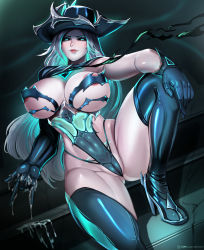 Rule 34 | 1girl, badcompzero, blue eyes, boots, breasts, cleft of venus, corruption, gloves, hat, high heels, highres, huge breasts, league of legends, lips, liquid, long hair, miss fortune (league of legends), multicolored hair, pubic tattoo, revealing clothes, ruination, silver hair, smile, solo, stairs, tattoo, thigh boots, thighhighs, underboob, very long hair