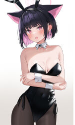 Rule 34 | 1girl, absurdres, alternate costume, animal ears, bare shoulders, black hair, black leotard, blue archive, breasts, cat ears, cat girl, colored inner hair, commentary request, detached collar, fake animal ears, halo, highres, kazusa (blue archive), leotard, medium breasts, multicolored hair, open mouth, pantyhose, pink eyes, pink hair, playboy bunny, rabbit ears, short hair, solo, teeth, v-shaped eyebrows, wrist cuffs, xochi (nueeen6978)