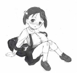 Rule 34 | 1girl, backpack, bag, blush, breasts, closed mouth, eyebrows, looking at viewer, miyabi n, monochrome, oppai loli, original, randoseru, school uniform, shoes, short twintails, simple background, sitting, skirt, socks, solo, sweat, twintails, uniform, white background