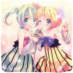 Rule 34 | 2girls, bad id, bad pixiv id, bare shoulders, blonde hair, blue eyes, bow, colorful x melody (vocaloid), detached sleeves, dress, finger to mouth, flower, green hair, hair bow, hair flower, hair ornament, hatsune miku, kagamine rin, microphone, microphone stand, multiple girls, one eye closed, open mouth, ousaka nozomi, project diva (series), project diva 2nd, striped clothes, striped dress, twintails, vocaloid, wink
