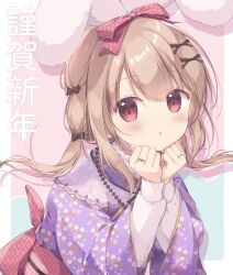 Rule 34 | 1girl, :o, animal ears, black bow, blush, bow, brown hair, chinese zodiac, commentary request, hair bow, hands up, highres, japanese clothes, jewelry, kimono, long hair, long sleeves, looking at viewer, low twintails, miyasaka naco, obi, original, parted lips, pink background, polka dot, polka dot background, puffy long sleeves, puffy sleeves, purple kimono, rabbit ears, red bow, red eyes, ring, sash, shirt, solo, twintails, very long hair, white shirt, wide sleeves, year of the rabbit