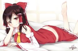 Rule 34 | 1girl, ads, arm support, artist name, ascot, bad id, bad twitter id, bow, breasts, brown eyes, brown hair, butt crack, closed mouth, commentary request, dated, detached sleeves, hair bow, hair tubes, hakurei reimu, hand on own cheek, hand on own face, haruki (colorful macaron), head rest, legs up, looking at viewer, lying, medium breasts, on stomach, red bow, red skirt, short hair, skirt, skirt set, smile, solo, string, string around finger, string of fate, touhou, vest, yellow ascot
