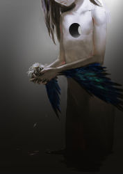 Rule 34 | androgynous, cupping hands, feathers, fingernails, flat chest, gender request, head out of frame, lips, long fingernails, long hair, nude, original, own hands together, sharp fingernails, solo, ushi hachi, wading