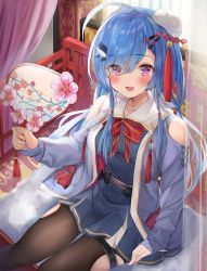 Rule 34 | 1girl, absurdres, ahoge, bare shoulders, black pantyhose, blue hair, blue jacket, blue shirt, blue skirt, blush, breasts, character request, clothing cutout, collarbone, commentary request, fang, floral print, flower, hair ornament, hair ribbon, highres, holding, indoors, jacket, long hair, looking at viewer, medium breasts, open clothes, open jacket, open mouth, original, pantyhose, pink eyes, pink flower, red neckwear, ribbon, shirt, shoulder cutout, sitting, skin fang, skirt, sleeves past wrists, smile, solo, thigh cutout, thigh strap, toratora (nanahaba)