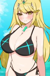 Rule 34 | 1girl, artist request, beach, bikini, black bikini, blonde hair, blush, breasts, cleavage, earrings, embarrassed, gem, hair ornament, headpiece, highres, jewelry, large breasts, legs, mythra (xenoblade), navel, nintendo, ocean, shy, solo, swimsuit, thighs, tiara, tsundere, water, xenoblade chronicles (series), xenoblade chronicles 2, yellow eyes