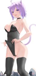 Rule 34 | 1girl, :d, absurdres, animal ear fluff, animal ears, bad id, bad pixiv id, bare arms, bare shoulders, black choker, black leotard, black thighhighs, blush, breasts, cat ears, cat girl, cat tail, choker, cleavage, collarbone, creature, cross, cross choker, feet out of frame, frontal wedgie, gluteal fold, groin, highres, hololive, kittysuit, large breasts, leotard, leotard lift, lifting own clothes, looking at viewer, moubokobokodayo, nekomata okayu, nontraditional playboy bunny, onigirya (nekomata okayu), open mouth, partially visible vulva, playboy bunny, purple eyes, purple hair, short hair, simple background, smile, solo focus, standing, strapless, strapless leotard, tail, teeth, thighhighs, upper teeth only, virtual youtuber, wedgie, white background