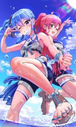 Rule 34 | 2girls, ahoge, armpits, artist name, back-to-back, bikini, black shorts, blue eyes, blue hair, blue nails, blue sky, blue toenails, blush, bracelet, breasts, chain, cloud, dated, earrings, estrella (uypu4574), feet, foot focus, green eyes, hair ornament, hair ribbon, highres, holding hands, hololive, hololive summer 2023 swimsuit, hoshimachi suisei, jewelry, leg up, looking at viewer, looking down, medium breasts, multiple girls, nail polish, one eye closed, open mouth, pink hair, pink nails, pink toenails, ponytail, ribbon, sakura miko, sandals, shorts, side ponytail, sky, small breasts, smile, splashing, star (symbol), sun, swimsuit, toeless footwear, toenail polish, toenails, toes, victory pose, virtual youtuber, wet, wink