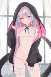 Rule 34 | 1girl, bandaged arm, bandaged leg, bandages, bandaid, bandaid on hand, bandaid on shoulder, bandaid on thigh, black jacket, cowboy shot, crop top, flat chest, grey hair, heartsix, heterochromia, highres, hood, hood up, hooded jacket, horns, indoors, jacket, long hair, long sleeves, looking at viewer, multicolored hair, navel, open clothes, open jacket, original, panties, parted lips, pink hair, purple eyes, single horn, sleeves past wrists, solo, standing, stomach, streaked hair, tail, twintails, underwear, very long hair, white panties, yellow eyes