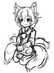 Rule 34 | 1girl, animal, animal ears, animal on lap, arceonn, cat, cat on lap, chen, chen (cat), female focus, fox ears, fox tail, greyscale, monochrome, multiple tails, on lap, seiza, short hair, sitting, solo, tail, touhou, yakumo ran, aged down