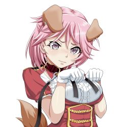 Rule 34 | 1girl, animal ears, breasts, collar, dog ears, dog tail, frills, giuseppe garibaldi (kancolle), gloves, hands up, highres, kantai collection, kemonomimi mode, leash, looking at viewer, paw pose, pink hair, purple eyes, short hair, short sleeves, simple background, solo, tail, tk8d32, upper body, viewer holding leash, wavy mouth, white background