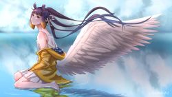 Rule 34 | absurdres, barefoot, cloud, feathered wings, highres, hololive, hololive english, jacket, l yth, ninomae ina&#039;nis, ribbon, skirt, violet (ninomae ina&#039;nis), virtual youtuber, water, white ribbon, white skirt, white wings, wind, wings, yellow jacket