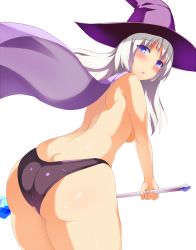 Rule 34 | 1girl, :o, ass, back, blue eyes, breasts, cape, hat, highres, karaage teishoku (regret1994), long hair, medium breasts, original, parted lips, silver hair, solo, staff, thick thighs, thighs, topless, transparent background, underboob, wide hips, witch hat