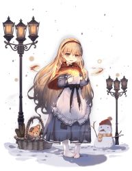Rule 34 | 1girl, apron, ark order, basket, black bow, blonde hair, blue dress, bow, capelet, dress, faux figurine, fire, frilled apron, frills, lamppost, little match girl, little match girl (ark order), long hair, matches, official art, patch, red capelet, snow, snowman, socks, solo, standing, stuffed animal, stuffed toy, teddy bear, torn clothes, torn socks, transparent background, very long hair, white apron, white socks, yellow eyes, you ni ge shaobing