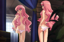 Rule 34 | 00s, 1girl, adjusting clothes, adjusting panties, artist request, ass, butt crack, highres, long hair, louise francoise le blanc de la valliere, mirror, navel, panties, pink eyes, pink hair, reflection, solo, topless, underwear, zero no tsukaima