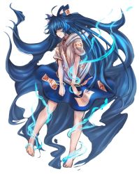 Rule 34 | 1girl, absurdly long hair, akehi yuki, barefoot, blue bow, blue eyes, blue hair, blue skirt, bow, bracelet, closed mouth, drawstring, full body, grey hoodie, hair bow, hood, hoodie, jewelry, long hair, looking at viewer, ofuda, ofuda on clothes, short sleeves, simple background, skirt, solo, touhou, very long hair, white background, yorigami shion