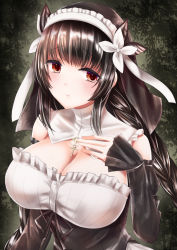 Rule 34 | 1girl, ankh, ankh necklace, bare shoulders, black hair, blush, bow, braid, breasts, cleavage, commentary request, commission, detached sleeves, dress, frills, habit, hand on own chest, itsumoto hiroharu, jewelry, large breasts, long hair, looking to the side, necklace, nun, rabiane (sinisistar), red eyes, single braid, sinisistar, skeb commission, solo, strapless, strapless dress, twin braids, upper body