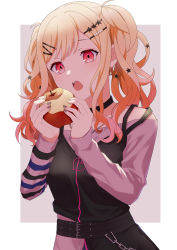 Rule 34 | 1girl, :o, absurdres, apple, asymmetrical sleeves, belt, belt chain, blonde hair, blush, chain, chain necklace, choker, food, fruit, hair ornament, hairclip, highres, holding, holding food, holding fruit, imminent bite, jewelry, long hair, long sleeves, looking at viewer, mismatched sleeves, multiple belts, nail polish, necklace, off-shoulder shirt, off shoulder, open mouth, pearl hair ornament, project sekai, red eyes, sakaida kiyui, shirt, solo, star (symbol), star hair ornament, striped sleeves, tenma saki, twintails, zipper pull tab