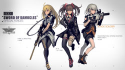 Rule 34 | 3girls, absurdres, ahoge, aiming, ankle boots, ar-15, artist name, assault rifle, backpack, bag, battle rifle, black coat, black legwear, black soldier, blonde hair, boots, breasts, closed mouth, clothes writing, coat, collared shirt, cross-laced footwear, crossed legs, dress shirt, finger on trigger, fingerless gloves, full body, gloves, grey hair, grey legwear, grey shirt, gun, hair between eyes, hair over one eye, hair ribbon, highres, holding, holding gun, holding weapon, lace-up boots, legs together, long hair, long sleeves, looking at viewer, multiple girls, open clothes, original, red eyes, ribbon, rifle, scope, shirt, shoes, short hair, short shorts, short sleeves, shorts, single thighhigh, thighhighs, twintails, weapon, yellow footwear