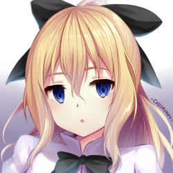 Rule 34 | 10s, 1girl, :o, artist name, black bow, black bowtie, blind, blonde hair, blue eyes, blush, bow, bowtie, chiiririn, expressionless, female focus, gradient background, hair between eyes, hair bow, hair ribbon, jitome, katawa shoujo, long hair, looking at viewer, open mouth, parted lips, ribbon, satou lilly, school uniform, sidelocks, solo, very long hair
