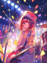 Rule 34 | 1girl, arima kana, blush, bob cut, closed mouth, dress, guitar, happy, hat, idol, idol clothes, instrument, inverted bob, microphone, on takamail, oshi no ko, red eyes, red hair, short hair, smile, solo, stage, stage lights