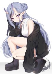 Rule 34 | 1girl, absurdres, bare legs, bare shoulders, black footwear, black hair, black jacket, blush, boots, braid, breasts, choker, drawstring, dress, full body, hair bun, highres, hood, hoodie, horns, jacket, light purple hair, long hair, long hoodie, looking at viewer, medium breasts, mole, mole under mouth, multicolored hair, nijisanji, off shoulder, oni, open clothes, open jacket, parted lips, platform boots, platform footwear, pointy ears, purple eyes, rindou mikoto, short eyebrows, simple background, single hair bun, skin-covered horns, sleeveless, sleeveless hoodie, sleeves past fingers, sleeves past wrists, smile, solo, squatting, streaked hair, sweater, sweater dress, thick eyebrows, toshise., two-tone hair, virtual youtuber