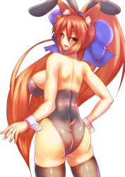 Rule 34 | 1girl, animal ears, ass, bare back, bare shoulders, big hair, bow, breasts, cat ears, cat girl, fake animal ears, female focus, from behind, hair bow, hand on own hip, large breasts, long hair, looking back, matching hair/eyes, orange eyes, orange hair, original, parted lips, playboy bunny, ponytail, rabbit ears, sideboob, skindentation, smile, solo, thighhighs, very long hair, wrist cuffs, yamaneko ken