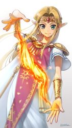 Rule 34 | 1girl, blonde hair, blush, dress, earrings, elbow gloves, fire, gloves, green eyes, highres, jewelry, long hair, looking at viewer, nintendo, otton, pointy ears, princess zelda, simple background, smile, solo, super smash bros., the legend of zelda, the legend of zelda: a link between worlds, tiara
