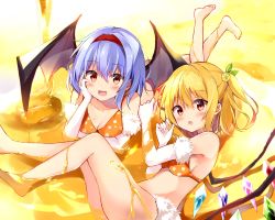 Rule 34 | 2girls, :d, :o, bare legs, barefoot, bat wings, bikini, blonde hair, blue hair, blush, breasts, commentary request, crystal, feet out of frame, feet up, flandre scarlet, fur-trimmed gloves, fur trim, gloves, hair between eyes, hairband, hand up, head rest, highres, hyurasan, looking at viewer, lying, medium breasts, multiple girls, no headwear, on stomach, one side up, open mouth, orange bikini, polka dot, polka dot bikini, red eyes, red hairband, remilia scarlet, short hair, siblings, sidelocks, sisters, smile, swimsuit, thighs, touhou, white gloves, wings