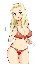 Rule 34 | 1girl, bikini, blonde hair, blue eyes, breasts, clara (girls und panzer), cleavage, commentary, cowboy shot, front-tie bikini top, front-tie top, girls und panzer, highres, large breasts, long hair, looking at viewer, motion lines, nasunael, navel, one-hour drawing challenge, open mouth, plaid, plaid bikini, red bikini, simple background, smile, solo, standing, swimsuit, thighs, white background