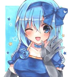 Rule 34 | 1girl, black gloves, blue background, blue bow, blue choker, blue dress, blue eyes, blue flower, blue hair, blue hairband, bluestar iz, blush, border, bow, breasts, choker, claire elford, collarbone, dress, elbow gloves, flower, frilled choker, frills, gloves, hair between eyes, hair bow, hairband, highres, large breasts, one eye closed, open mouth, painting (medium), puffy short sleeves, puffy sleeves, short hair, short sleeves, smile, solo, star (symbol), traditional media, watercolor (medium), waving, white border, witch&#039;s heart
