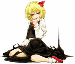 Rule 34 | 1girl, :d, blonde hair, cervus, darkness, hair ribbon, mary janes, open mouth, red eyes, ribbon, rumia, shirt, shoes, short hair, sitting, skirt, smile, touhou, vest