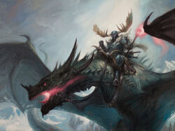 Rule 34 | 1boy, antlers, armor, blue sky, breastplate, cape, day, dragon, dragon riding, fake horns, fantasy, flying, fur cape, glowing, glowing eye, glowing mouth, greaves, helmet, holding, holding reins, holding torch, horned helmet, horns, lucas graciano, monster, mountainous horizon, o-ring, oil painting (medium), open mouth, original, outdoors, painting (medium), pink eyes, realistic, reins, sharp teeth, sitting, sky, spikes, stirrups (riding), tail, teeth, torch, traditional media, western dragon, wings
