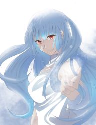Rule 34 | 1girl, bandaid, bandaid on face, blue hair, breasts, dress, kula diamond, long hair, looking at viewer, purple eyes, reaching, reaching towards viewer, simple background, small breasts, snowflakes, solo, the king of fighters, turtleneck, white background, white dress, zdenka 02