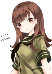 Rule 34 | 1girl, bad id, bad pixiv id, black neckerchief, blush, breasts, brown eyes, brown hair, dated, green sailor collar, green shirt, kantai collection, long hair, looking at viewer, nanase nao, neckerchief, ooi (kancolle), parted lips, sailor collar, school uniform, serafuku, shirt, short sleeves, simple background, small breasts, smile, solo, twitter username, white background