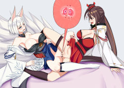 Rule 34 | 2girls, absurdres, animal ears, arm support, armpits, azur lane, bare shoulders, blush, breasts, brown hair, cleavage, cleft of venus, clothed sex, clothes lift, collar, collarbone, commission, couple, cross-section, eye contact, eyeshadow, female fertilization, fertilization, fox ears, fox tail, hair between eyes, hair ornament, hair ribbon, hakama, hakama short skirt, hakama skirt, happy sex, heart, heart-shaped pupils, highres, impregnation, japanese clothes, jewelry, kaga (azur lane), kimono, kitsune, large breasts, leaning back, long hair, looking at another, makeup, multiple girls, multiple tails, no panties, obi, open mouth, ovum, pussy, pussy juice, red skirt, ribbon, ring, sash, shiny skin, simple background, skirt, skirt lift, smile, symbol-shaped pupils, tail, thighhighs, tribadism, uncensored, wedding band, wedding ring, white hair, wife and wife, yellow eyes, yuri, zedxxx, zettai ryouiki, zuikaku (azur lane)