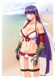 Rule 34 | 1girl, bikini, blue eyes, breasts, choker, collarbone, cowboy shot, cross, cross choker, cross necklace, earrings, elbow gloves, fate/grand order, fate (series), frilled bikini, frills, gauntlets, gloves, highres, hime cut, jewelry, large breasts, martha (fate), martha (swimsuit ruler) (fate), martha (swimsuit ruler) (third ascension) (fate), navel, necklace, nekoreset13, purple hair, red gloves, solo, standing, straight hair, swimsuit, white bikini