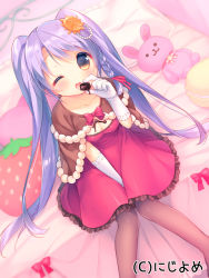 Rule 34 | 1girl, ;d, black pantyhose, blush, bow, braid, breasts, brown capelet, brown eyes, capelet, chocolate, chocolate on body, chocolate on breasts, cleavage, collarbone, dress, dutch angle, elbow gloves, food, food on body, frilled dress, frills, fruit, gloves, hair between eyes, hair ornament, holding, holding food, long hair, looking at viewer, macaron, medium breasts, official art, on bed, one eye closed, open mouth, pantyhose, pink bow, pink dress, purple eyes, side braid, sitting, smile, solo, strawberry, stuffed animal, stuffed rabbit, stuffed toy, twintails, usashiro mani, valhalla valkyries, very long hair, white gloves