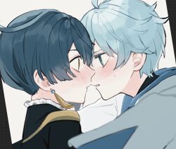 Rule 34 | 2boys, blue eyes, blue hair, blush, chongyun (genshin impact), commentary request, earrings, eye contact, face-to-face, genshin impact, highres, hnnoo, hood, hood down, hoodie, imminent kiss, jewelry, light blue hair, looking at another, male focus, multiple boys, open mouth, profile, short hair, single earring, sweatdrop, tassel, tassel earrings, upper body, white background, white hoodie, xingqiu (genshin impact), yaoi, yellow eyes