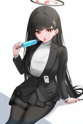 Rule 34 | 1girl, black hair, black jacket, black nails, black pantyhose, black skirt, blazer, blue archive, breasts, bright pupils, food, hair ornament, hairclip, halo, highres, holding, holding food, holding popsicle, holster, jacket, large breasts, long hair, long sleeves, mijikayo, miniskirt, nail polish, pantyhose, pleated skirt, popsicle, red eyes, ribbed sweater, ringed eyes, rio (blue archive), sexually suggestive, skirt, solo, sweater, thigh holster, tongue, tongue out, turtleneck, turtleneck sweater, white pupils