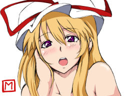 Rule 34 | 1girl, blonde hair, blush, female focus, hand on own cheek, hand on own face, hat, long hair, looking at viewer, m-eiji, open mouth, purple eyes, simple background, solo, touhou, yakumo yukari