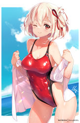 Rule 34 | 1girl, ;), bare shoulders, blonde hair, blue sky, blush, breasts, cleavage, closed mouth, cloud, collarbone, commentary, covered navel, day, hair between eyes, hair ribbon, hands up, hong (white spider), horizon, looking at viewer, lycoris recoil, medium breasts, nishikigi chisato, ocean, one-piece swimsuit, one eye closed, outside border, red eyes, red one-piece swimsuit, red ribbon, ribbon, signature, sky, smile, solo, swimsuit, water
