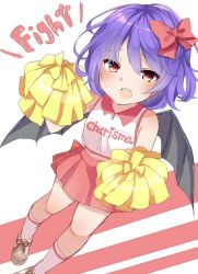 Rule 34 | 1girl, alternate costume, bad id, bad twitter id, bat wings, black wings, blush, bow, brown eyes, cheerleader, dutch angle, hair bow, heart, karasusou nano, looking at viewer, open mouth, pink skirt, pleated skirt, pom pom (cheerleading), purple hair, red bow, remilia scarlet, shoes, short hair, skirt, sleeveless, socks, solo, standing, sweat, touhou, wings