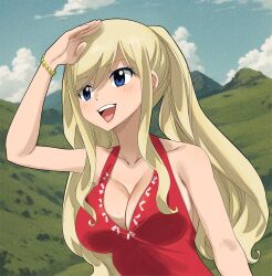 1girl blonde_hair blue_eyes bracelet breasts cleavage collarbone eden&#039;s_zero gaston18 jewelry large_breasts long_hair open_mouth rebecca_bluegarden smile solo twintails