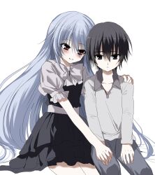 Rule 34 | 1boy, 1girl, aged down, black dress, black eyes, black hair, blue hair, blush, brother and sister, collared shirt, cowboy shot, dress, eyes visible through hair, grey shirt, grin, grisaia (series), grisaia no meikyuu, hair between eyes, hand on another&#039;s shoulder, highres, holding hands, interlocked fingers, kasukasugom1, kazami kazuki, kazami yuuji, light blue hair, long hair, long sleeves, looking at another, looking down, parted lips, petticoat, puffy short sleeves, puffy sleeves, red eyes, shirt, short dress, short hair, short sleeves, siblings, side-by-side, simple background, sitting, smile, spiked hair, straight hair, tsurime, very long hair, white background