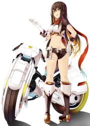 Rule 34 | 1girl, bad anatomy, belt pouch, black hair, blonde hair, blush, boots, breasts, butt crack, crop top, doko tetora, full body, gloves, gradient hair, high heel boots, high heels, highres, honda, kneepits, long hair, medium breasts, midriff, motor vehicle, motorcycle, multicolored hair, original, parted lips, pouch, red scarf, scarf, science fiction, short shorts, short sleeves, shorts, sidelocks, smile, standing, twisted torso, white gloves, white hair
